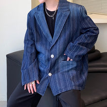 Load image into Gallery viewer, Vintage Blue Vertical Stripe Shoulder Pad Jacket