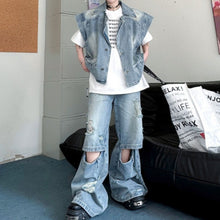 Load image into Gallery viewer, Distressed Collar Loose Denim Vest and Ripped Denim Trousers Suit