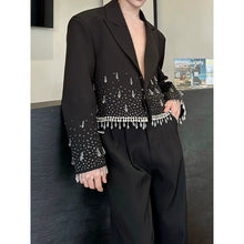 Load image into Gallery viewer, Rhinestone Crystal Fringe Cropped Lapel Blazer Straight Trousers Two-piece Set