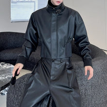 Load image into Gallery viewer, Stand-up Collar Leather Jacket and Wide-leg Leather Pants Two-piece Set