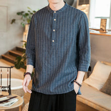 Load image into Gallery viewer, Striped Cotton And Linen Three-quarter Sleeve Shirt