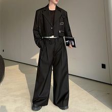 Load image into Gallery viewer, Deconstructed Lace-Up Cropped Blazer Contrast Leather Drawstring Wide-Leg Pants Two-Piece Set