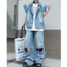 Load image into Gallery viewer, Distressed Collar Loose Denim Vest and Ripped Denim Trousers Suit