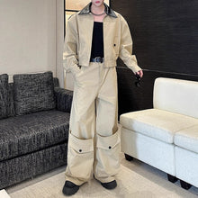 Load image into Gallery viewer, American Double-layered Collar Patchwork Jacket and Wide-leg Trousers Two-piece Set