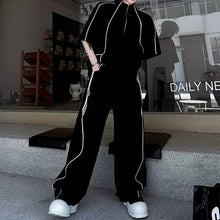 Load image into Gallery viewer, Stand-Collar Short-Sleeve Contrast Piping T-Shirt with & Zip-Front Wide-Leg Trousers Two-Piece Set
