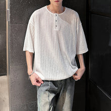 Load image into Gallery viewer, Striped Knit Henley Collar Casual T-Shirt