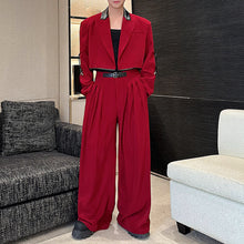 Load image into Gallery viewer, Contrast Color Patchwork Leather Short Jacket Draped Wide-leg Pants Red Suit Two-piece Suit