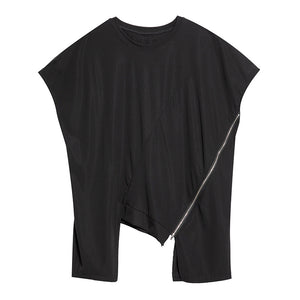 Asymmetric Zip Round Neck Pullover T-shirt