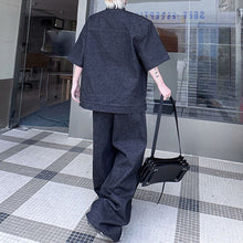 Load image into Gallery viewer, Stand Collar Beaded Denim Shoulder Pad Short Sleeve Wide Leg Trousers Two Piece Set