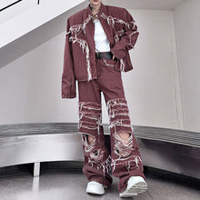 Load image into Gallery viewer, Fringed Denim Jacket and Ripped Jeans Two-piece Set