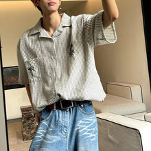 Load image into Gallery viewer, Vintage Embroidered Striped Short Sleeve Shirt