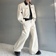 Load image into Gallery viewer, Contrast Color Patchwork Leather Zipper Large Pocket Jacket Casual Wide-leg Pants Two-piece Suit