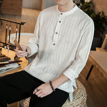 Load image into Gallery viewer, Striped Cotton And Linen Three-quarter Sleeve Shirt