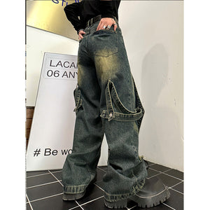 Retro Straight-leg Distressed Washed Patchwork Jeans