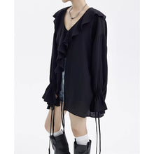 Load image into Gallery viewer, Large Ruffled V-neck And Tie-up Loose Shirt