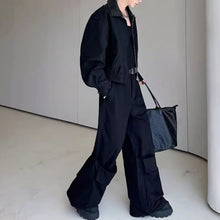 Load image into Gallery viewer, American Double-layered Collar Patchwork Jacket and Wide-leg Trousers Two-piece Set