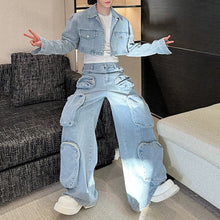 Load image into Gallery viewer, Denim Three-dimensional Multi-pocket Short Jacket and Wide-leg Trousers Two-piece Set