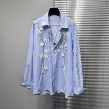 Load image into Gallery viewer, Three-dimensional Flower Loose Blue Striped Shirt