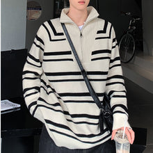 Load image into Gallery viewer, Stand Collar Half Zip Striped Sweater