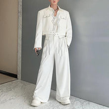 Load image into Gallery viewer, Retro Wave Topstitch Embroidery Short Jacket Straight Wide-Leg Pants Two-Piece Set