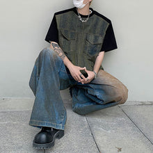 Load image into Gallery viewer, Denim Patchwork Shoulder Pad T-shirt