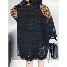 Load image into Gallery viewer, Women's Leopard Print V Neck Loose Raw Hem Cardigan Sweater