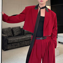 Load image into Gallery viewer, Contrast Color Patchwork Leather Short Jacket Draped Wide-leg Pants Red Suit Two-piece Suit
