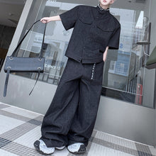 Load image into Gallery viewer, Stand Collar Beaded Denim Shoulder Pad Short Sleeve Wide Leg Trousers Two Piece Set