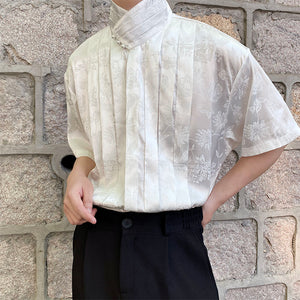 Vintage Jacquard Stand Collar Short Sleeve Shirt