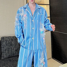 Load image into Gallery viewer, Blue Striped 3D Floral Striped Stage Shirt and Casual Pants Two-piece Set