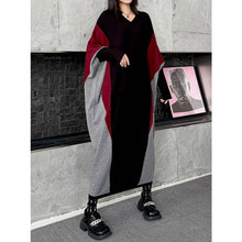 Load image into Gallery viewer, Women's Contrast Panel Loose Batwing Sleeve V Neck Knitted Dress