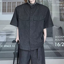 Load image into Gallery viewer, Vintage Denim Two-Piece Set Hand-Beaded Stand-Collar Short-Sleeve Jacket & Wide-Leg Trousers