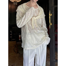 Load image into Gallery viewer, Floral Cutout Lace Pearl Shawl Overlay Crew Neck Loose Long Sleeve Shirt