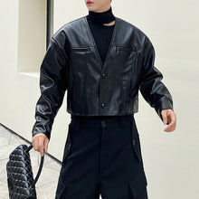 Load image into Gallery viewer, Short Black V-Neck Casual Leather Jacket
