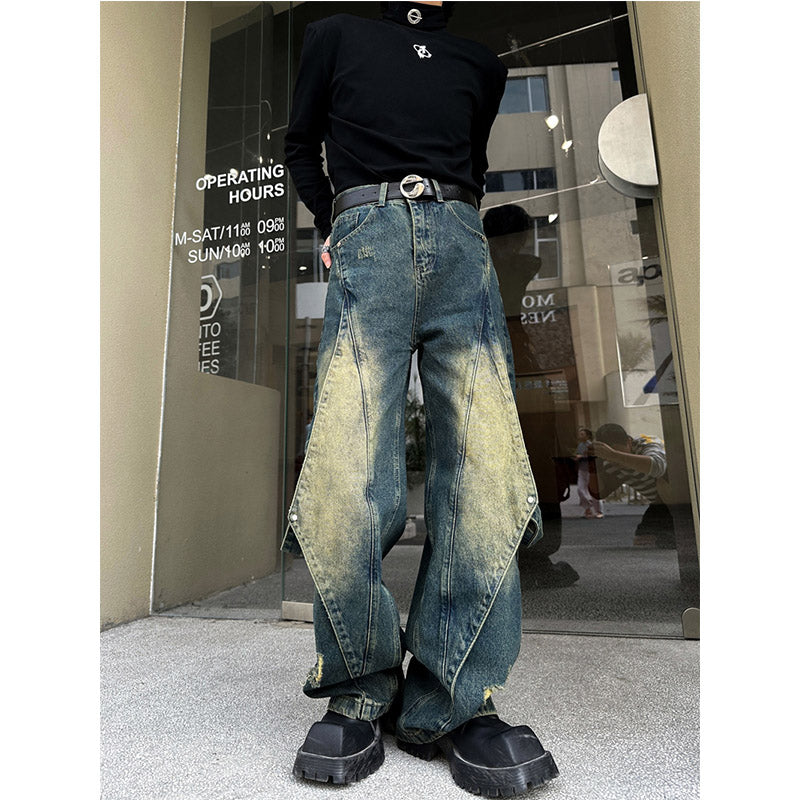 Retro Straight-leg Distressed Washed Patchwork Jeans