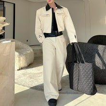 Load image into Gallery viewer, Contrast Color Patchwork Leather Zipper Large Pocket Jacket Casual Wide-leg Pants Two-piece Suit