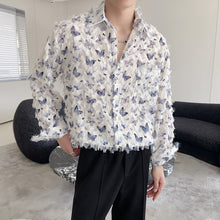 Load image into Gallery viewer, Butterfly Print Raw Edge Loose Casual Long-sleeved Shirt
