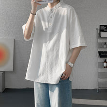 Load image into Gallery viewer, Cotton and Linen Henley Collar Loose T-Shirt