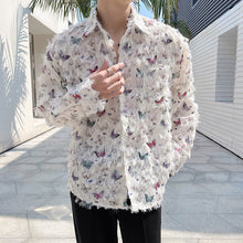 Load image into Gallery viewer, Butterfly Print Raw Edge Loose Casual Long-sleeved Shirt