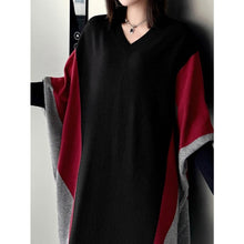 Load image into Gallery viewer, Women's Contrast Panel Loose Batwing Sleeve V Neck Knitted Dress