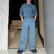 Load image into Gallery viewer, Distressed Raw Edge Stand Collar Side Zip Top Vintage Wide Leg Jeans Two Piece Set