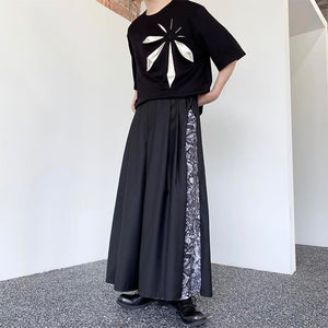 Double Layer Floral Panel Pleated Wide Leg Pants