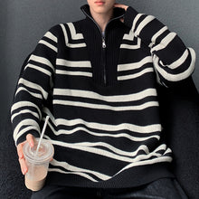 Load image into Gallery viewer, Stand Collar Half Zip Striped Sweater