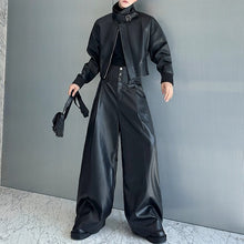 Load image into Gallery viewer, Stand-up Collar Leather Jacket and Wide-leg Leather Pants Two-piece Set