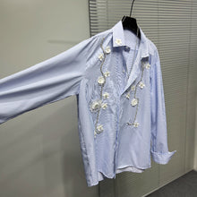 Load image into Gallery viewer, Three-dimensional Flower Loose Blue Striped Shirt