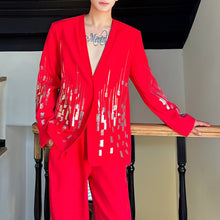 Load image into Gallery viewer, Embroidered Sequined Large V-Neck Suit Jacket Straight-Leg Trousers Two-Piece Set