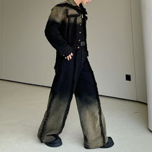 Load image into Gallery viewer, Distressed Raw Edge Gradient Washed Denim Jacket Wide Leg Pants Two Piece Set