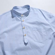 Load image into Gallery viewer, Blue White Striped Band Collar Casual Popover Shirt