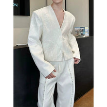 Load image into Gallery viewer, Handmade Embroidered Sequin Collarless Deep V Neck Blazer