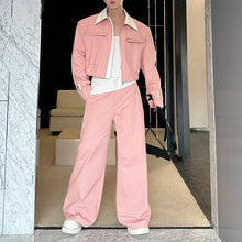 Load image into Gallery viewer, Contrast Color Patchwork Leather Zipper Large Pocket Jacket Casual Wide-leg Pants Two-piece Suit